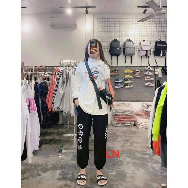 Quần bom in mặt cười chất vải da cá form thụng 60kg siêu chất