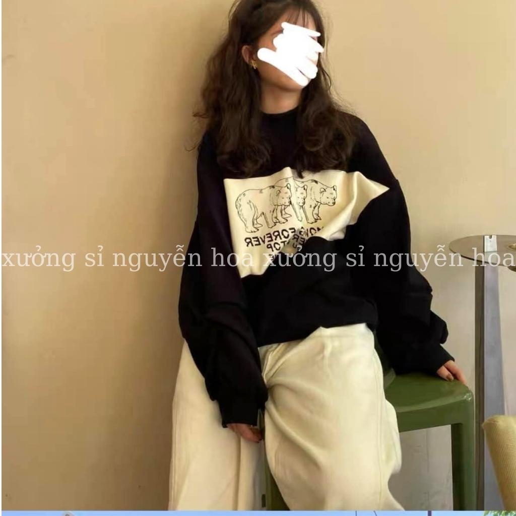 set bộ thu đông áo nỉ phối dài tay form rộng in hình 3 con gấu kèm quần suông nhung tăm dáng rộng Xưởng Sỉ Nguyễn Hoa