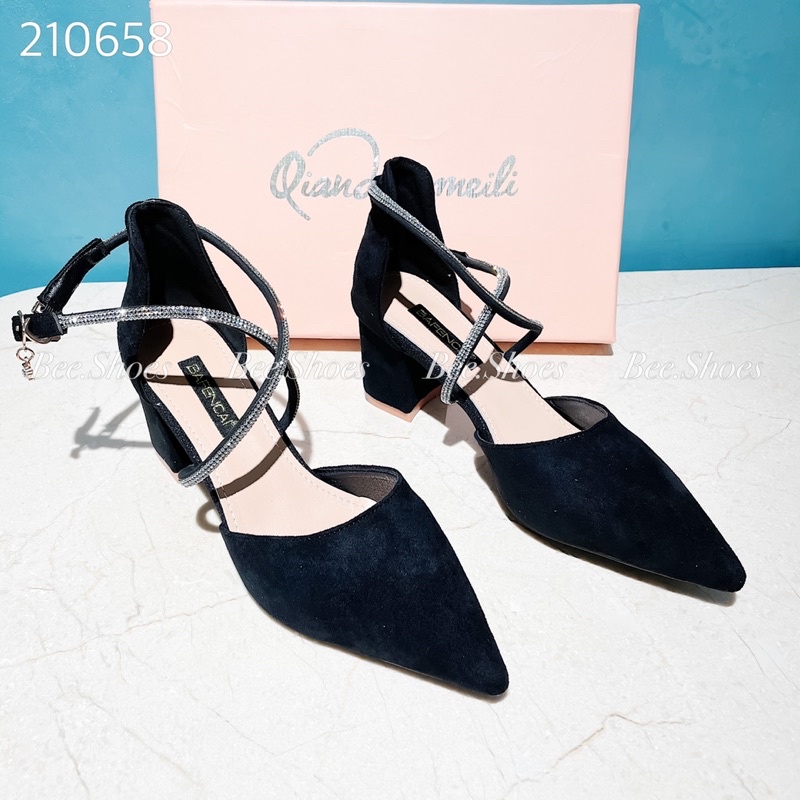 BEESHOES - GIÀY CAO GÓT BEESHOES DÂY ĐÁ SIÊU XINH GÓT TRỤ 7 PHÂN SẴN MÀU ĐEN 210658