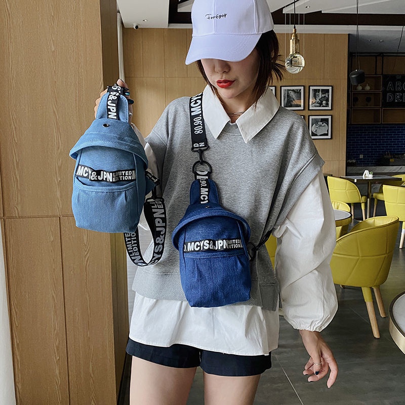 Túi Đeo Chéo Ngực Vải Denim Họa Tiết Gấu Hoạt Hình Dễ Thương Dành Cho Nữ