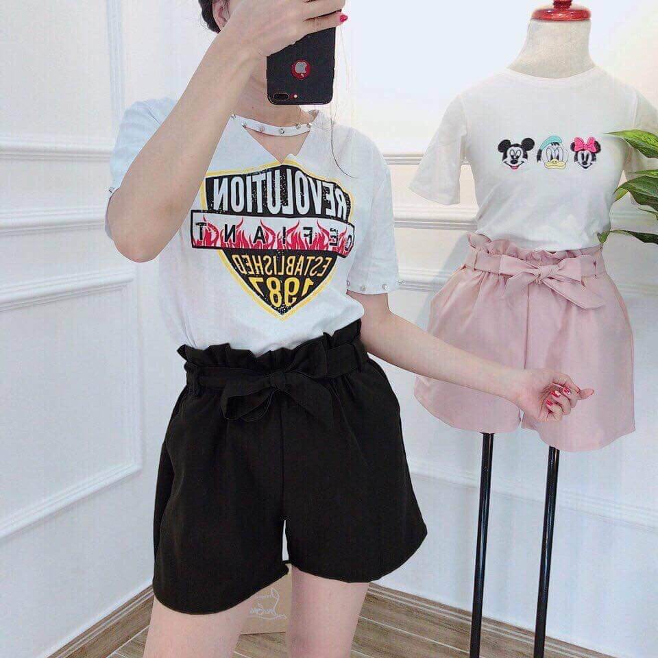 Quần short ống rộng kaki có nơ đen