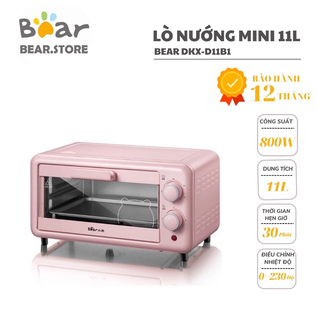 [Mã ELHADEV giảm 4% đơn 300K] Lò Nướng Mini BEAR Đa Năng BEAR D11B1 Màu Hồng 11L - Bảo Hành 12 Tháng