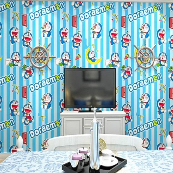 Decal giấy dán tường đô rê mon sọc xanh khổ rộng 45cm