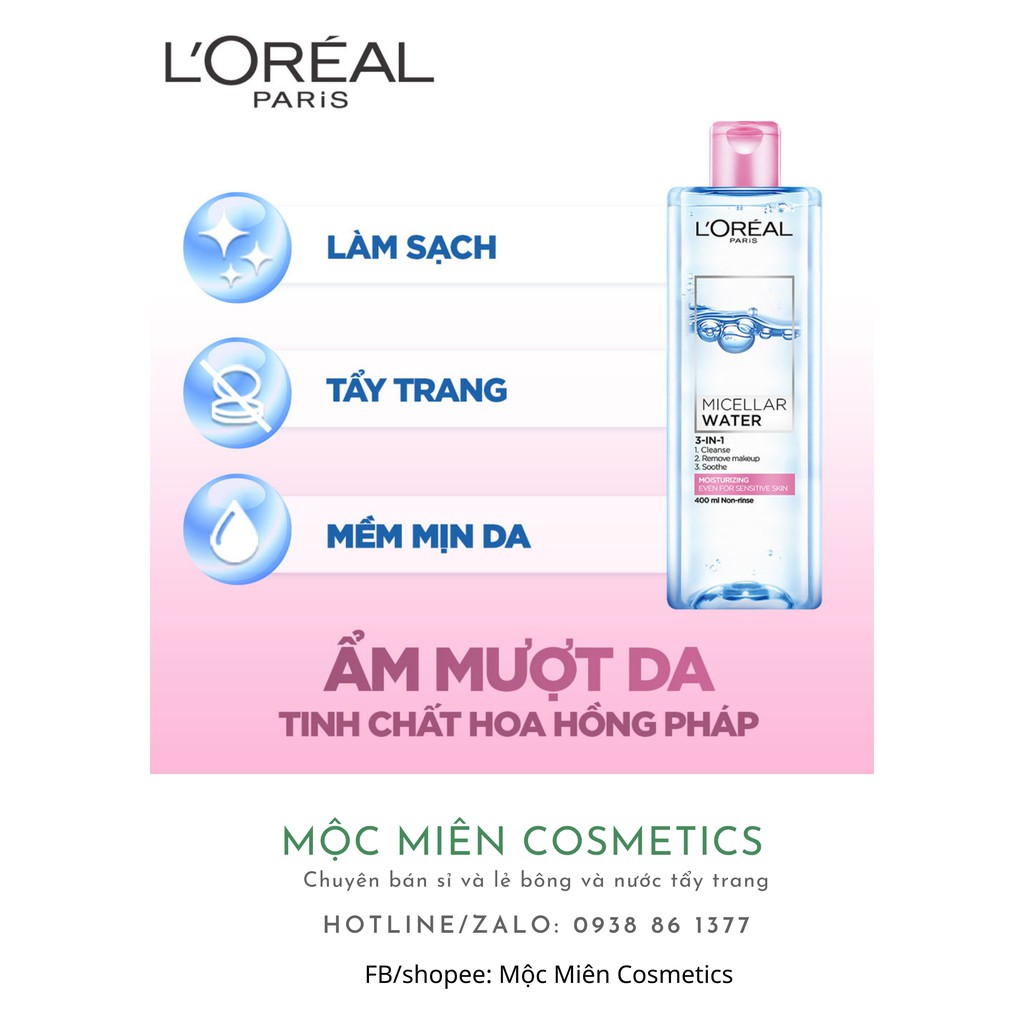 Nước tẩy trang Loreal Paris 3-in-1 Micellar Water 400ml #sạch sâu# dưỡng ẩm#da nhạy cảm# [Mộc Miên Cosmetics]