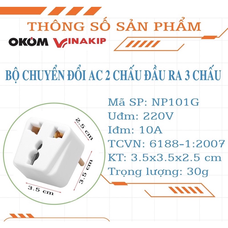 Phích chuyển đổi từ ổ cắm 3 chấu sang 2 chấu Vinakip