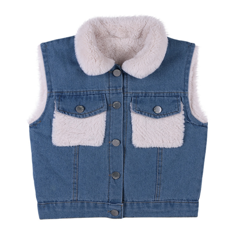 Áo Khoác Denim Cổ Phối Lông Thời Trang Thu Đông Cho Bé Gái 2-9 Tuổi