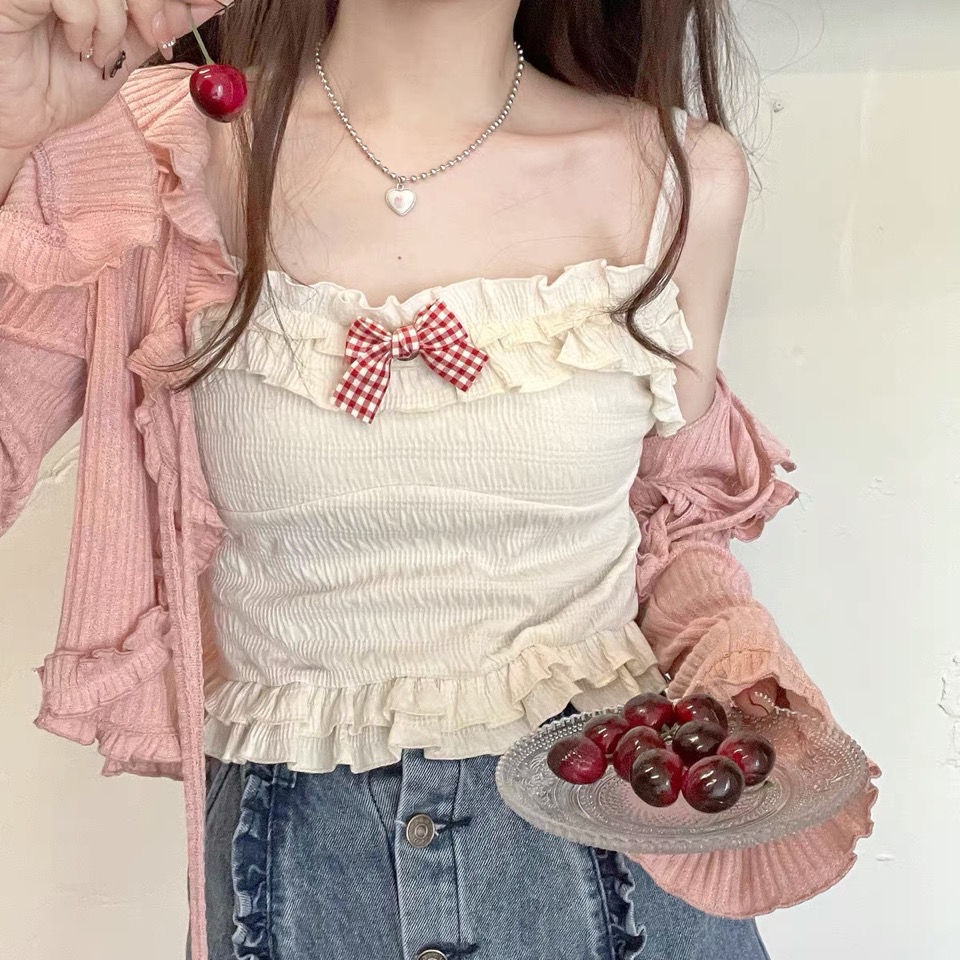 Jiashucheng Áo Hai Dây Ôm Dáng Mềm Mại Đính Nơ Thời Trang Mùa Hè Nhật Bản Cho Nữ We
