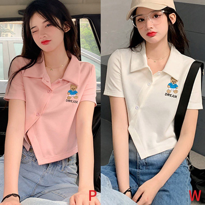 Áo croptop nữ polo đính cúc cách điệu vạt chéo cực xinh