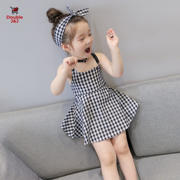 Đầm Hai Dây Hở Vai Họa Tiết Sọc Caro Phong Cách Mới Dành Cho Bé Gái [1-8 Tuổi]