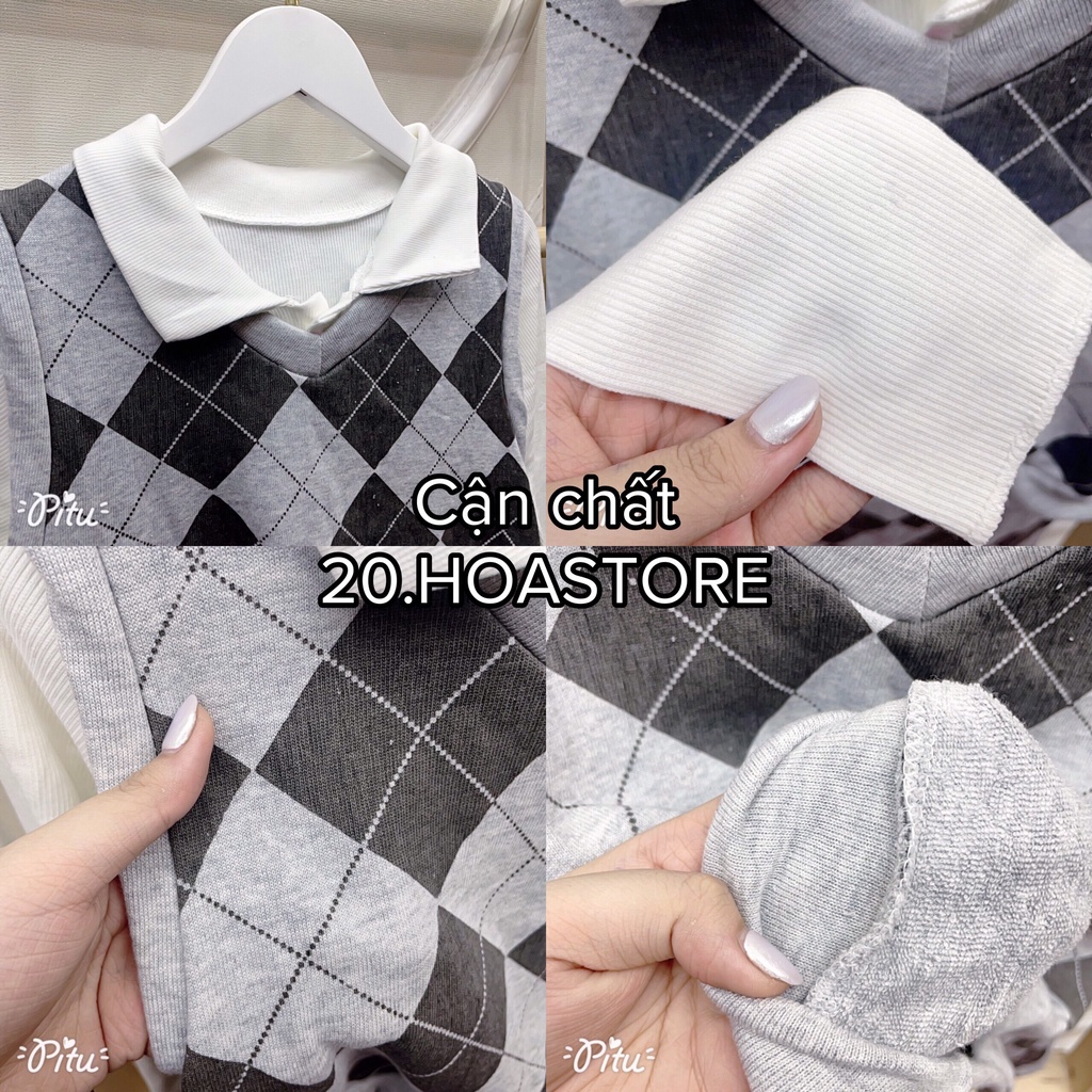 Set 3 Món Váy Kẻ Caro Tiểu Thư - Set Áo Polo Crt Tay Dài + Áo Gile Croptop + Chân Váy Họa Tiết Xám Trắng