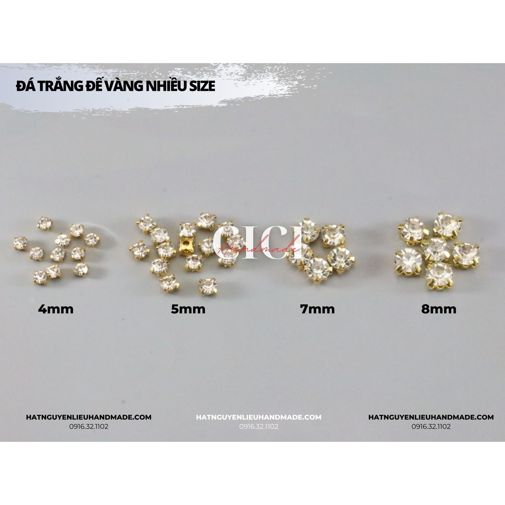 Túi 100 hạt Đá trắng đế vàng có đế kim loại lỗ khâu Cici Handmade chuyên hạt đá hạt pha lê hạt cườm hạt trang sức