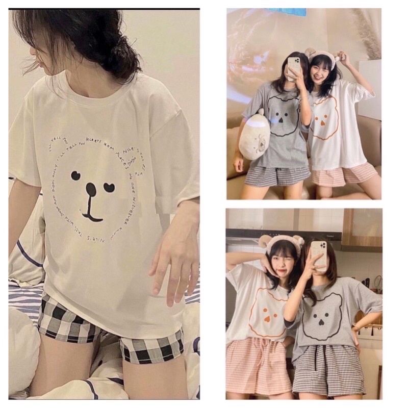 Set Cộc gấu short caro🦋 bộ quần đùi kẻ sọc kèm áo thun tay lỡ