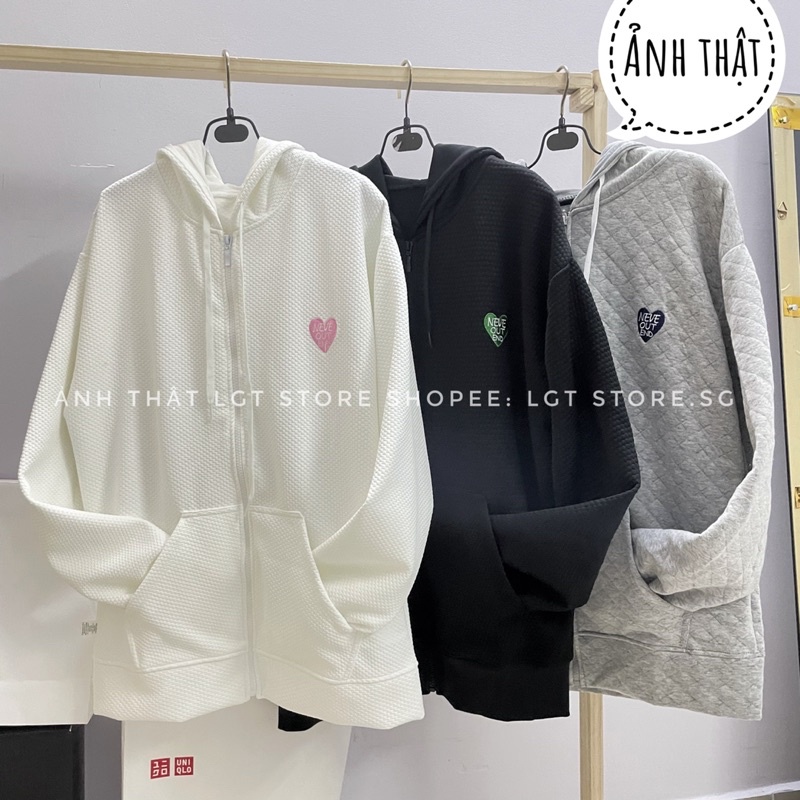 Áo khoác hoodie (có ảnh thật) form rộng chất vải đan vuông thêu trái tim siêu đẹp