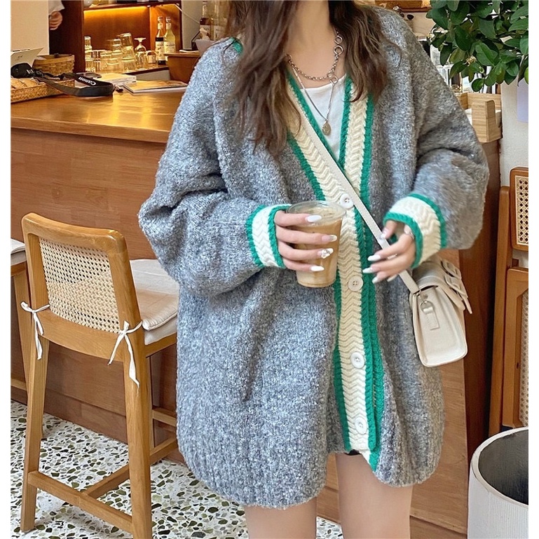 Áo khoác Cadigan màu xám viền xanh ( Hàng order )