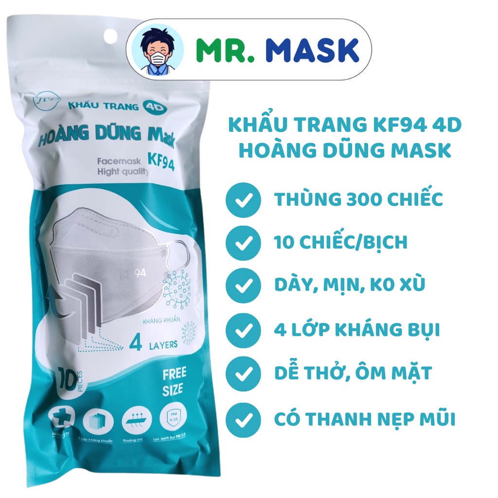 Khẩu Trang 4D Mask KF94 Hoàng Dũng Mask Chính Hãng Thùng 300 Cái, 4 Lớp Kháng Khuẩn, Kháng Bụi, Tiêu Chuẩn Hàn Quốc