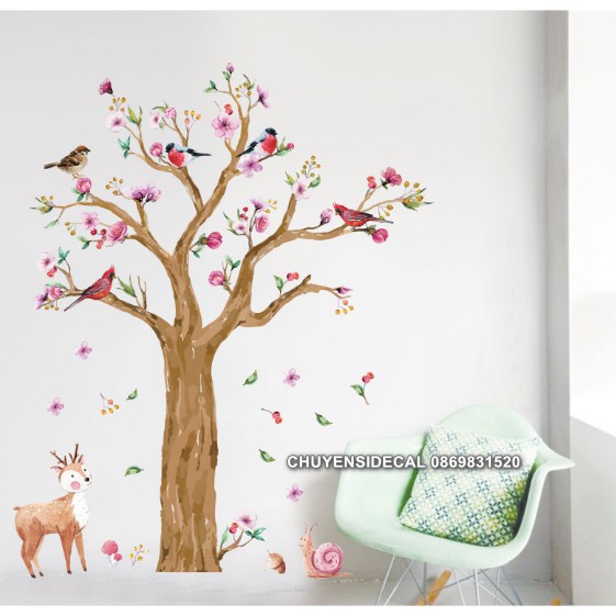 decal dán tường - Cây Hồng nhạt dịu dàng ( 2 tấm )