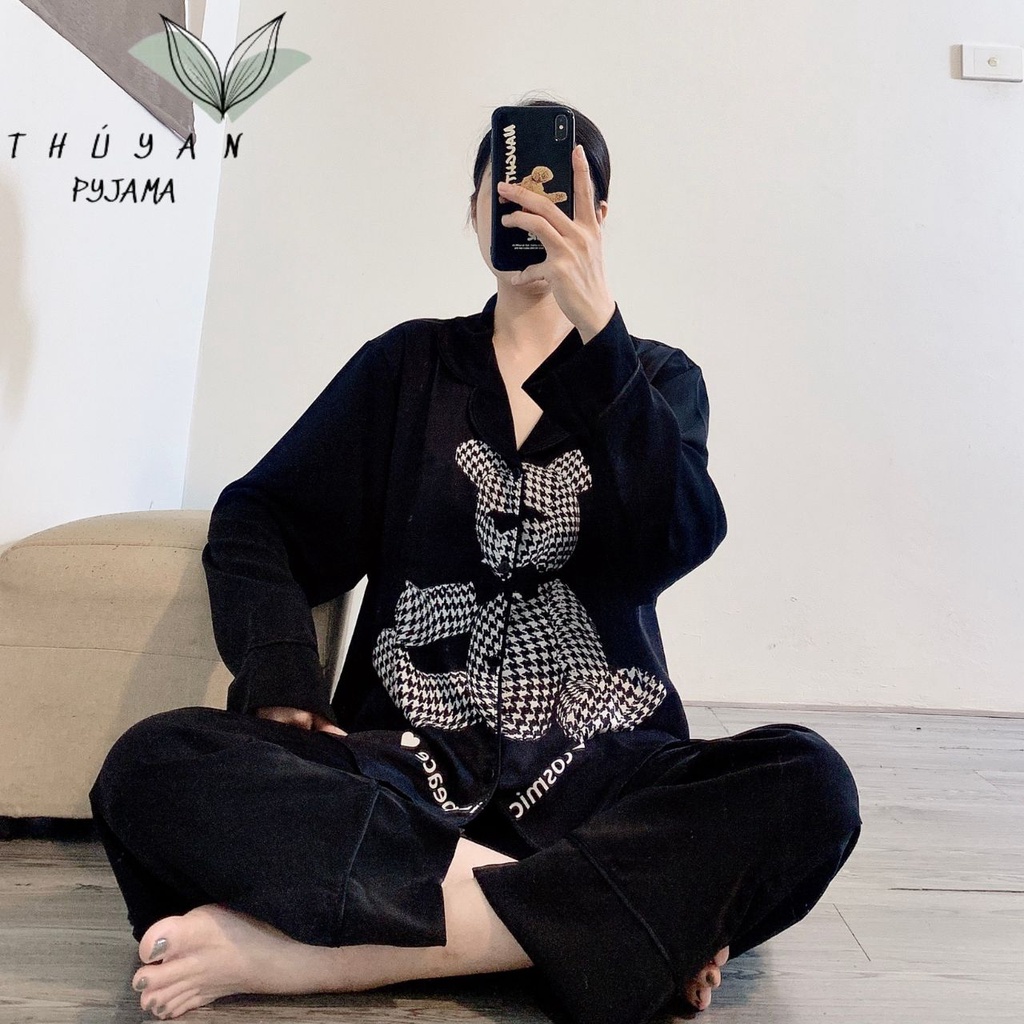 Bộ Pijama nữ bigsize gấu trắng tay dài chất lụa Mango ko nhăn dành cho nữ, mẹ bầu 60 - 90kg