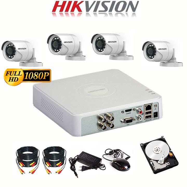 Trọn Bộ Camera giám sát Hikvision 2MP FHD 1080P - Chính Hãng - Đầy đủ Phụ kiện + HDD500GB [ Bộ 1-4 Mắt]