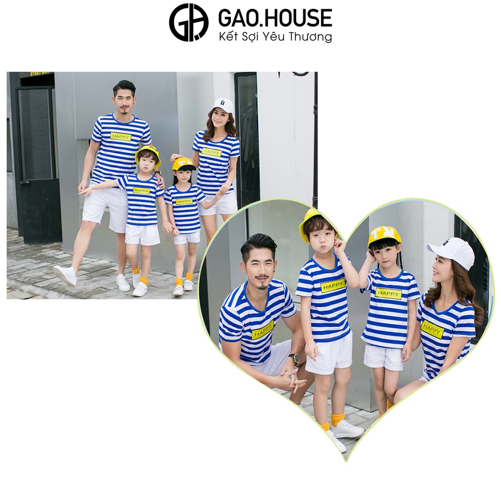 Áo gia đình Gạo House cotton 4 chiều cổ tròn chữ happy kẻ xanh