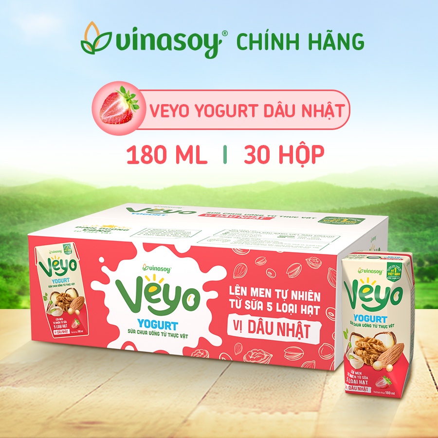 Thùng Sữa chua uống từ thực vật Veyo Yogurt vị Dâu Tây Nhật (30 Hộp x 180ml) - Vinasoy