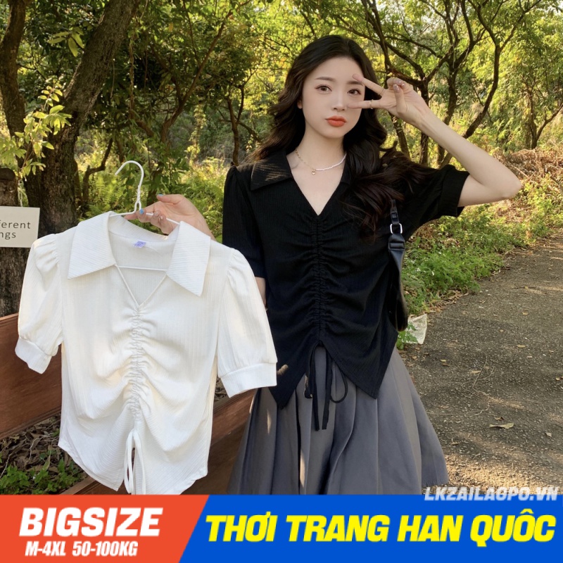 Áo sơ mi kiểu Bigsize Áo croptop nữ tay ngắn cổ chữ v thiết kế dây rút mùa hè Phong cách Hàn Quốc Thời Trang sang chảnh cá tính xinh đẹp quảng châu cao cấp