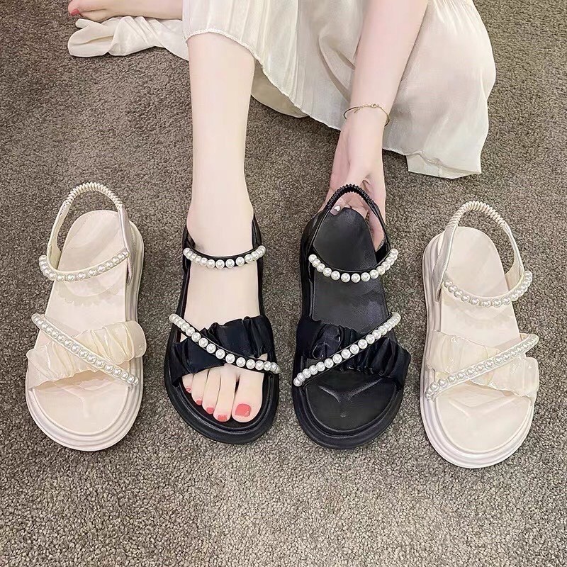 [Sale 69K] Dép Sandal Quai Nhún Chun Ngang và Chéo Voan Ngọc Quai Hậu