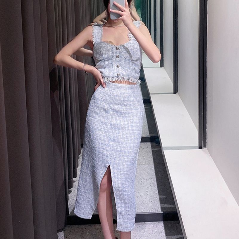 Set đầm xẻ tà dáng dài vải tweet hai dây