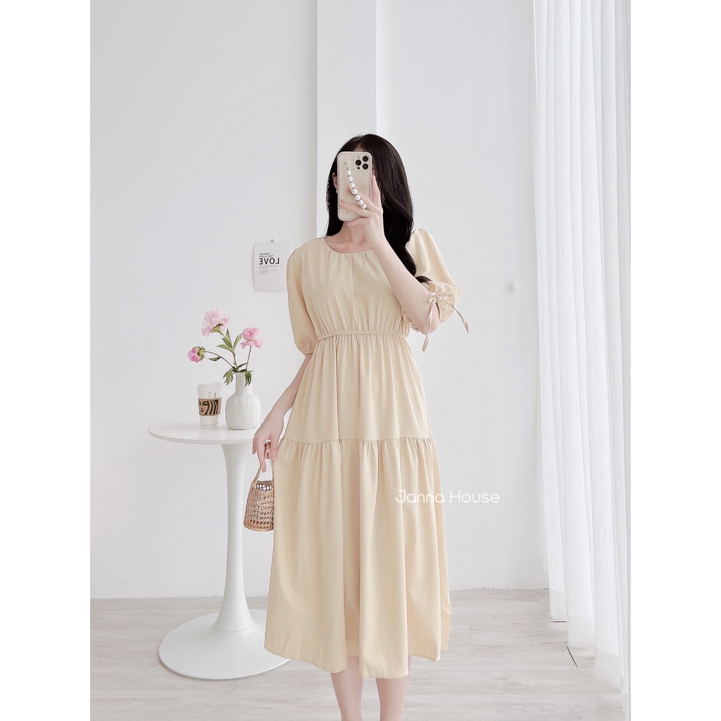 - Váy nữ cổ tròn vải tơ mềm cộc tay dáng xoè dài tiểu thư ulzzang - M58 - jannahouse