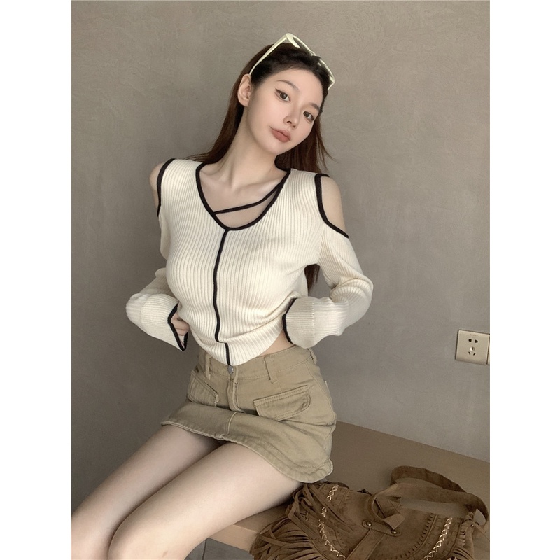 QADCOL  Áo Len Lửng Tay Dài Cổ Chữ V Hở Vai Thời Trang Dành Cho Nữ