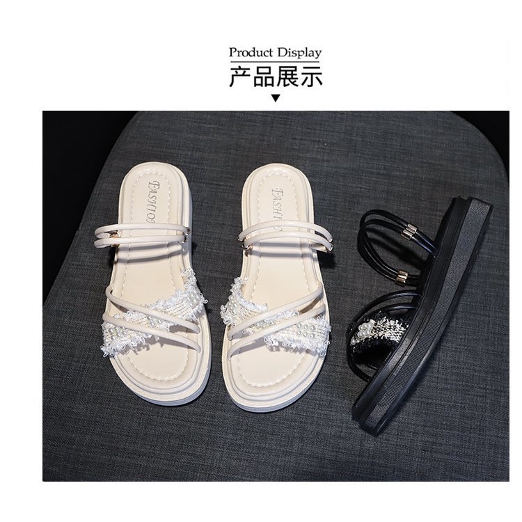 Dép Sandal Đế Phẳng Dày Quai Ngang Đính Ngọc Trai Thời Trang Mùa Hè 2022 Phong Cách Mới Cho Nữ