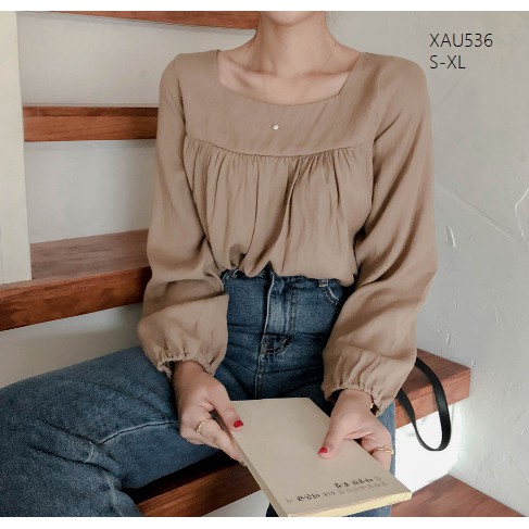 XẢ HÀNG XAU536 Áo sơ mi cổ vuông phong cách vintage cổ điển