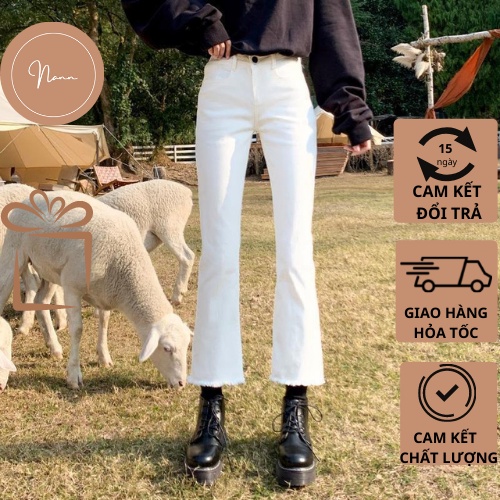 Quần Jeans Nữ, Quần Bò Lưng Cao Kaki Trơn Basic Ống Loe Vẩy Nhẹ Phong Cách Thời Trang Hàn Quốc NANN