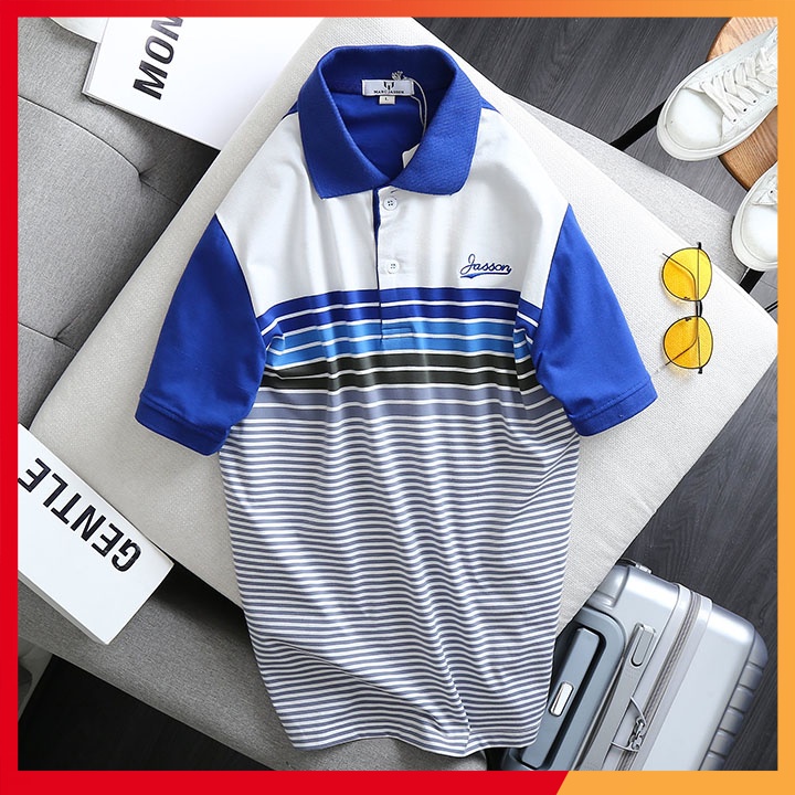 Áo Thun Nam FREESHIP Cổ Bẻ Tay Ngắn Phối Kẻ Sọc Thêu Logo Sắc Sảo, Thun Cotton Mịn 100% 4 Chiều Cao Cấp - R85