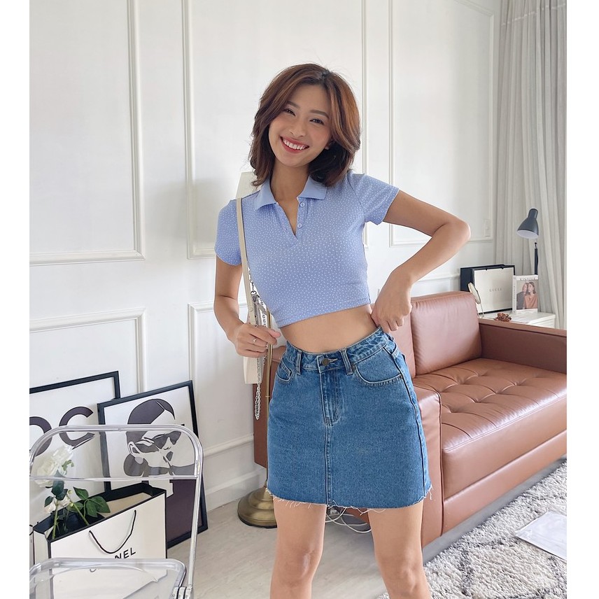 Áo croptop thun HEYBEE có cổ siêu co giãn, màu xanh chấm bi dễ thương - RAINA CROPTOP HT673