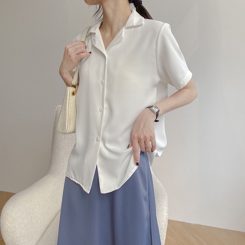 Áo Sơ Mi Chiffon Tay Ngắn Cổ Chữ V Màu Trơn Dáng Rộng Cài Nút Thời Trang Cho Nữ