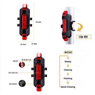 Đèn báo hiệu gắn đuôi xe đạp thể thao OM 5 bóng LED có cổng sạc USB 6 Style