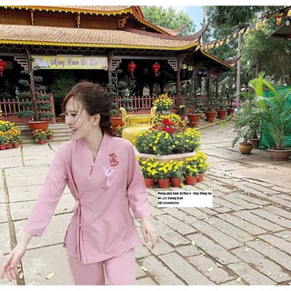 Bộ đi chùa phật tử - Mẫu vạt chéo thắt nơ vẽ