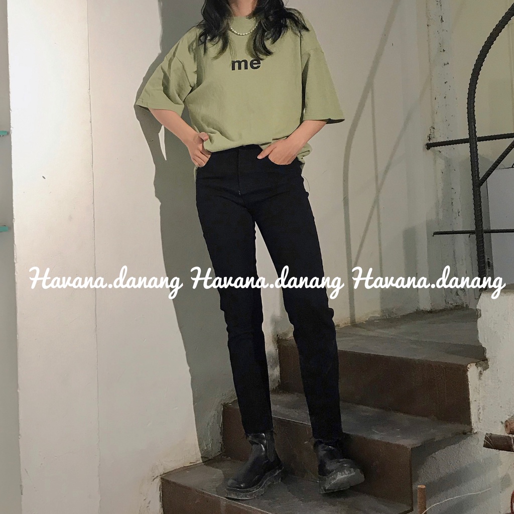 Quần jeans đen ống đứng suông dài, jeans lưng cao co giãn