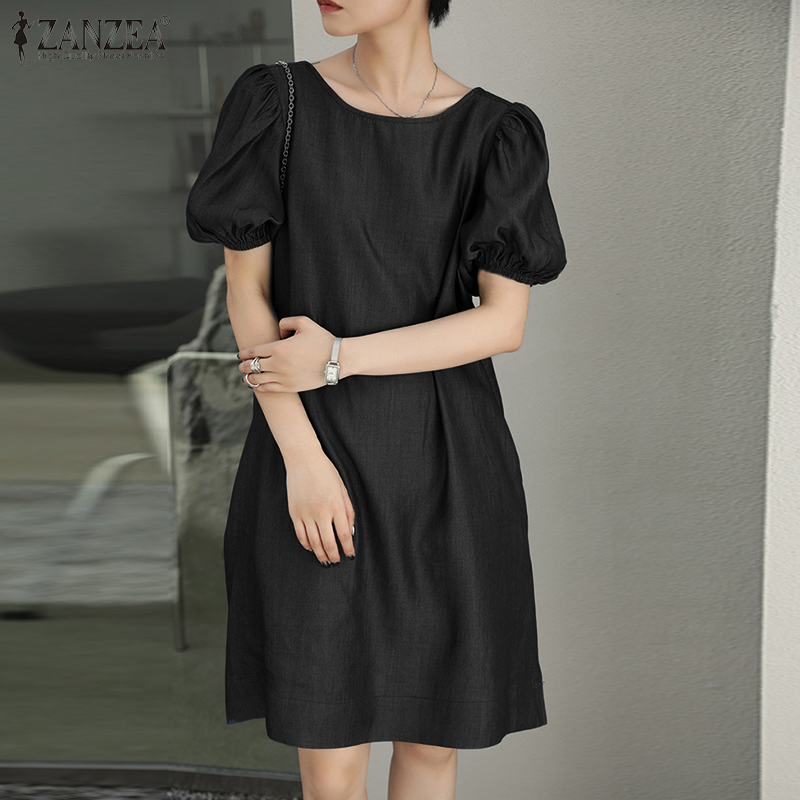 Đầm Midi ZANZEA Dáng Rộng Với Tay Phồng Kiểu Ngắn Màu Trơn Cá Tính Cho Nữ