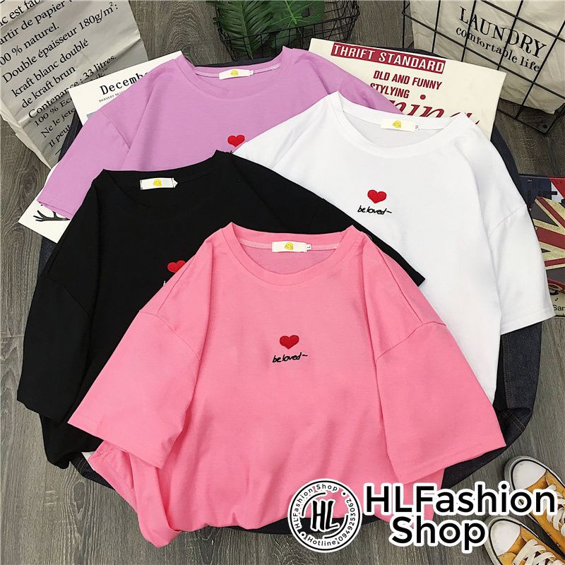 Áo thun tay lỡ form rộng thêu Be loved, áo phông form rộng size HLFashion