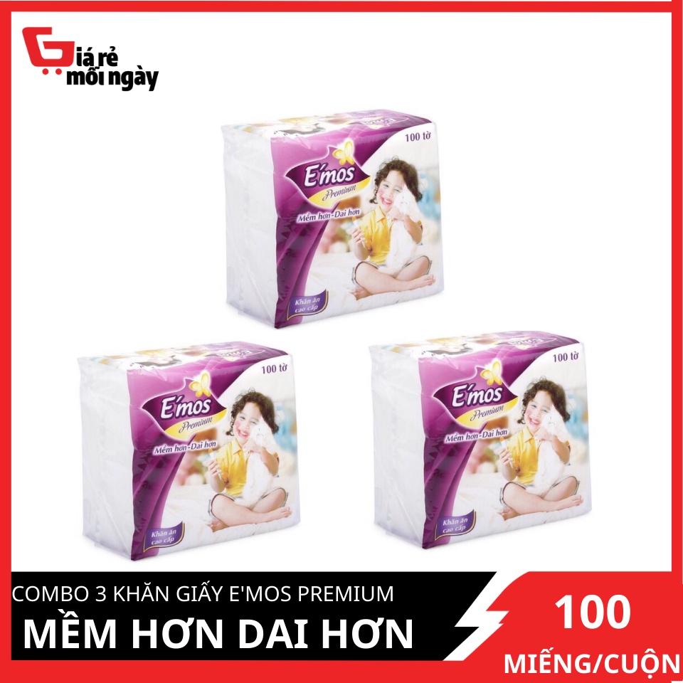 Combo 3 Khăn Giấy E'mos Premium Mềm Hơn Dai Hơn 100 Miếng/bịch