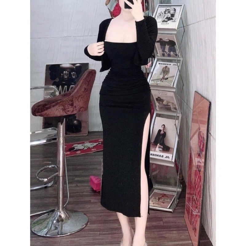 Sét áo khoác + đầm body dây xẻ đùi from dài chất thun gân xịn