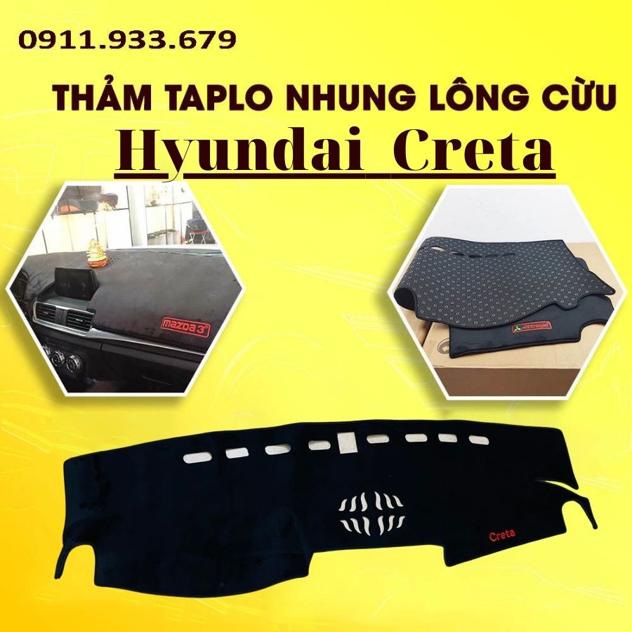 🔥HCM-Thảm taplo nhung lông cừu cao cấp xe Hyundai Creta 2021 2022 màu đen- Có Lớp Chống Trượt