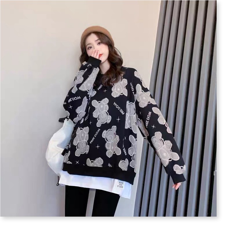 ÁO HOODIE PHỐI TÀ TRẮNG PHỦ MÔNG HỌA TIẾT GẤU TEDDY 3D THỜI TRANG GIỚI TRẺ