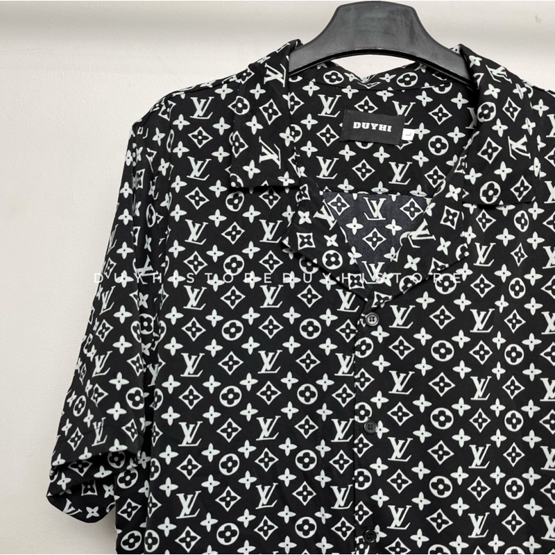 Áo sơ mi cộc tay unisex form rộng họa tiết LV ĐEN cho nam nữ | DUYHI