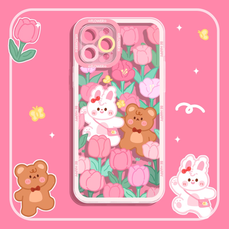 Ốp Điện Thoại Tpu Mềm Họa Tiết Hoa Tulip Gấu Thỏ Cho iPhone 11 12 13 pro max XS X XR XSMax 7 8 6 6s plus SE 2020