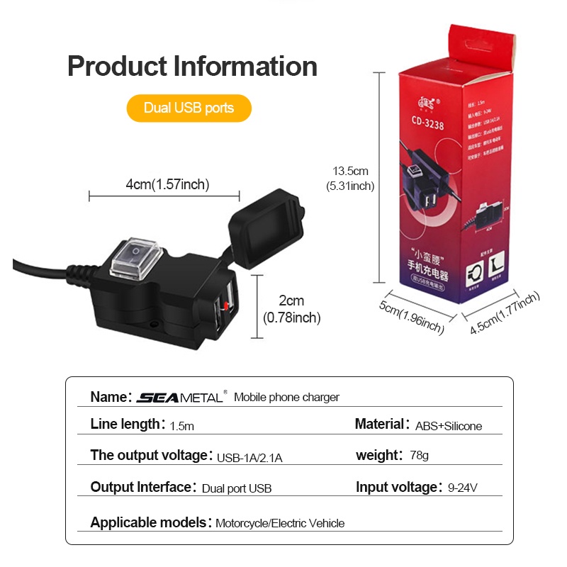 Củ sạc điện thoại hai cổng USB 12v chống nước dễ gắn tiện lợi cho xe máy