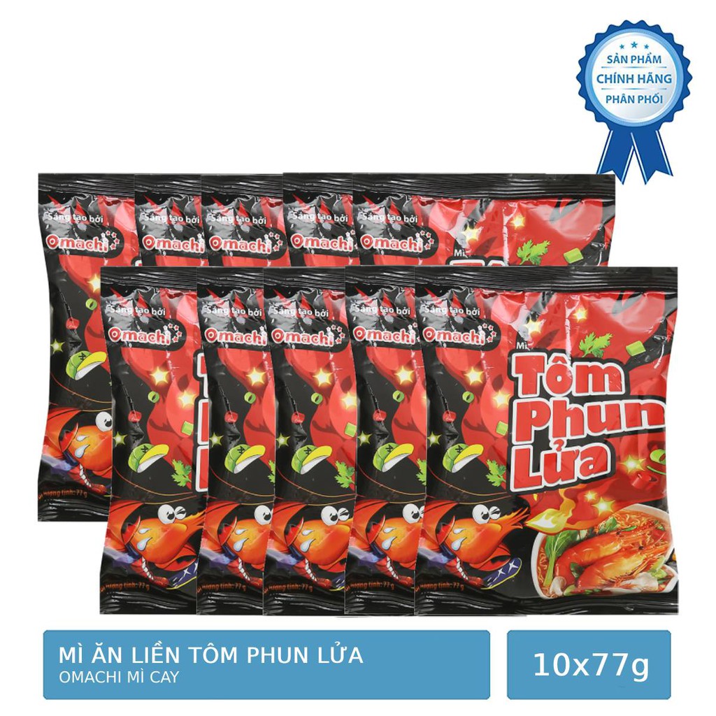 10 Gói Mì Tôm Omachi Siêu Cay Tôm Phun Lửa 77g