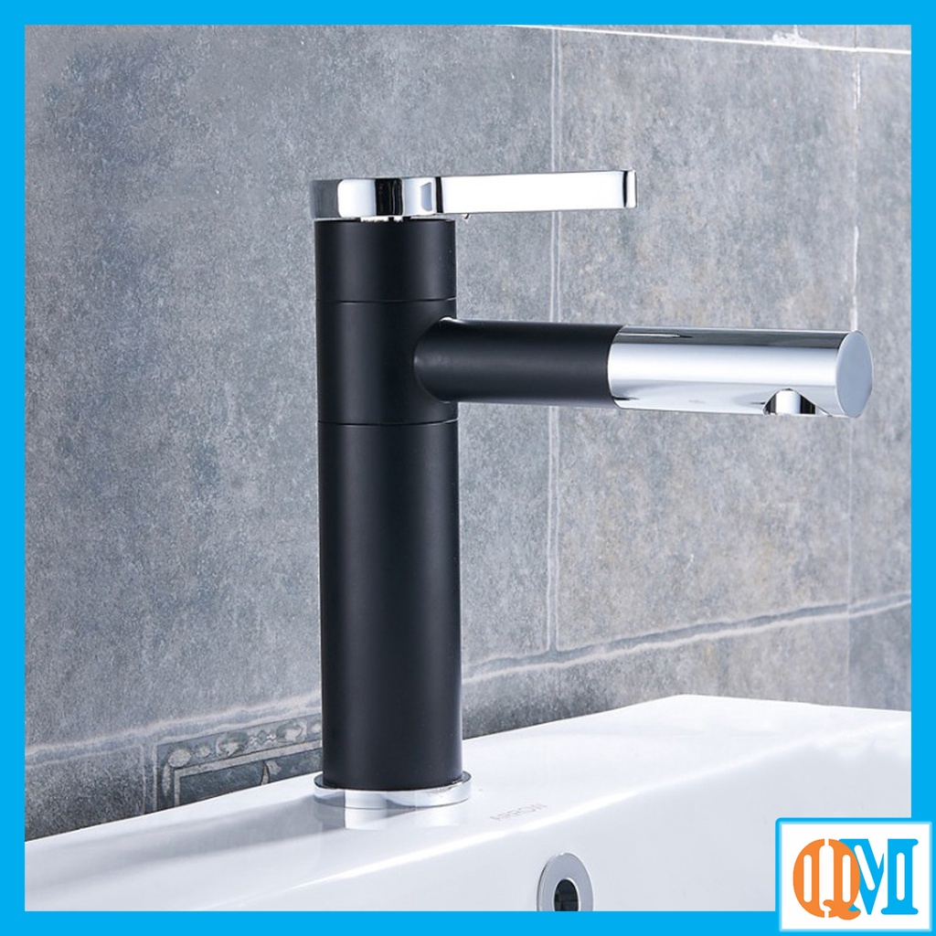 (Kèm dây cấp NL) Vòi bồn rửa mặt nóng lạnh, Vòi Lavabo trụ tròn sơn tĩnh điện Đen Bạc thiết kế sang trọng, đẹp mắt