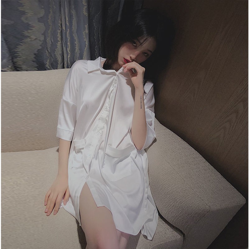 đồ ngủ◙> Váy ngủ lụa băng nữ tính duyên dáng áo sơ mi trắng pyjama size lớn dài mùa hè tinh khiết mong muốn gi